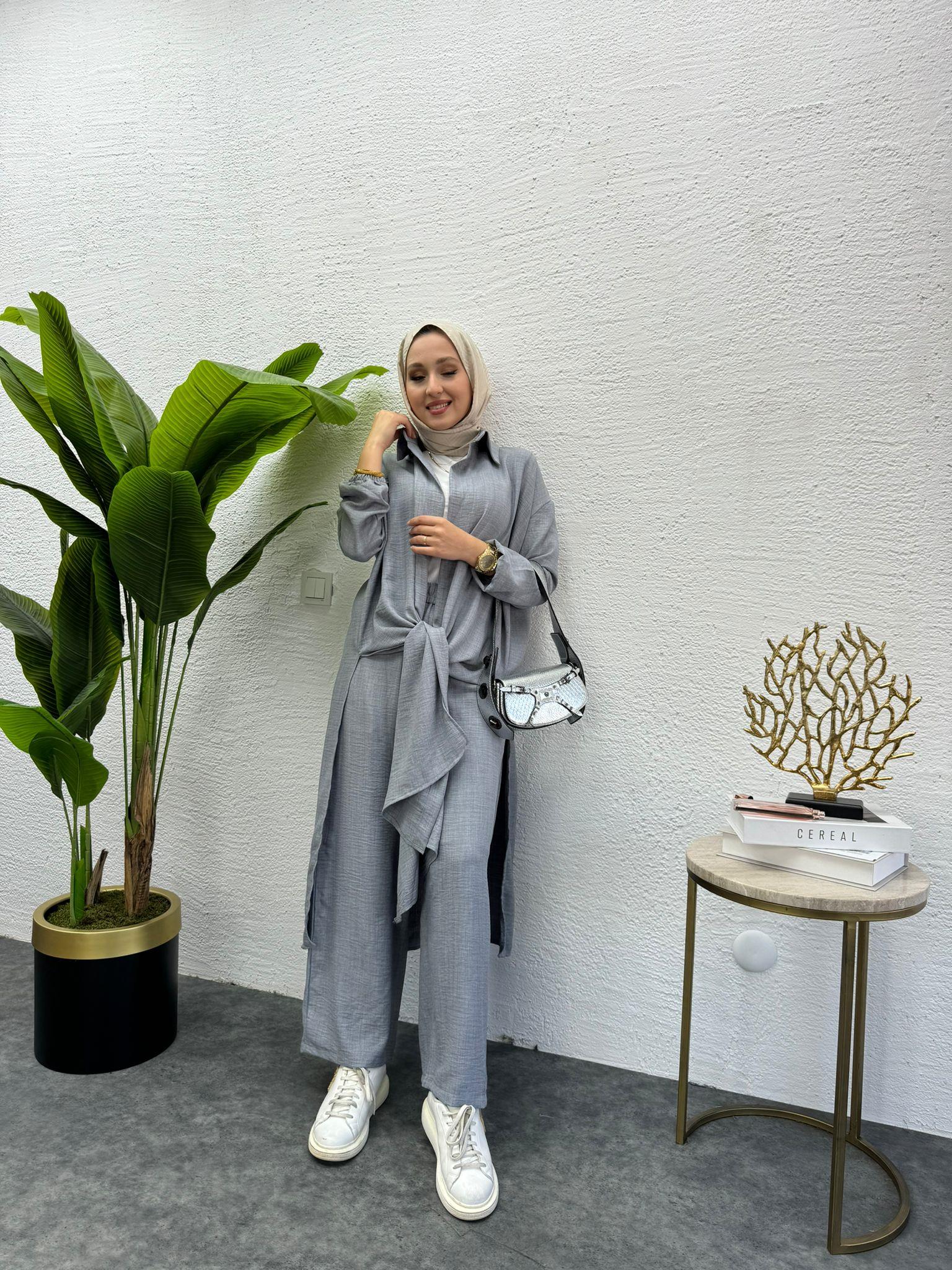 MEYSADESIGN PANTOLON TAKIM Lina Keten İkili Takım Gri