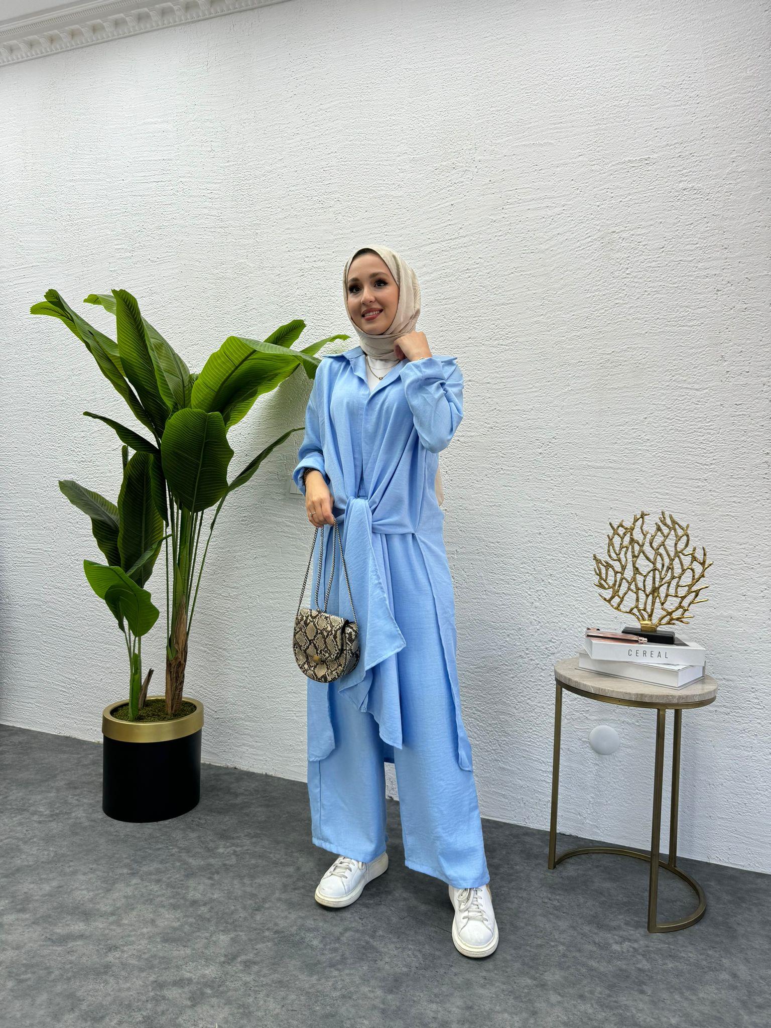 MEYSADESIGN PANTOLON TAKIM Lina Keten İkili Takım Açık Mavi