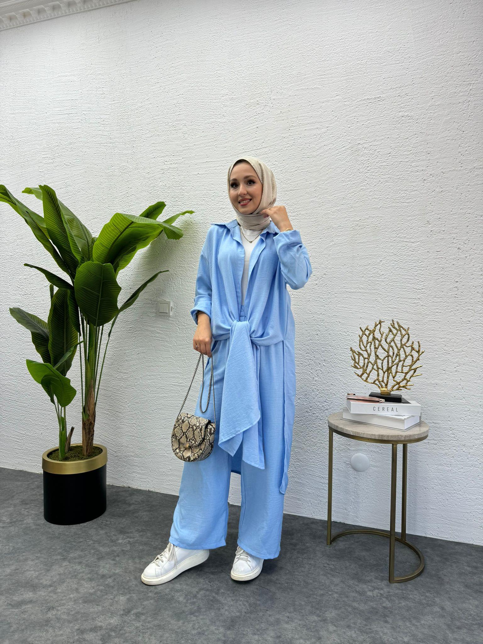 MEYSADESIGN PANTOLON TAKIM Lina Keten İkili Takım Açık Mavi