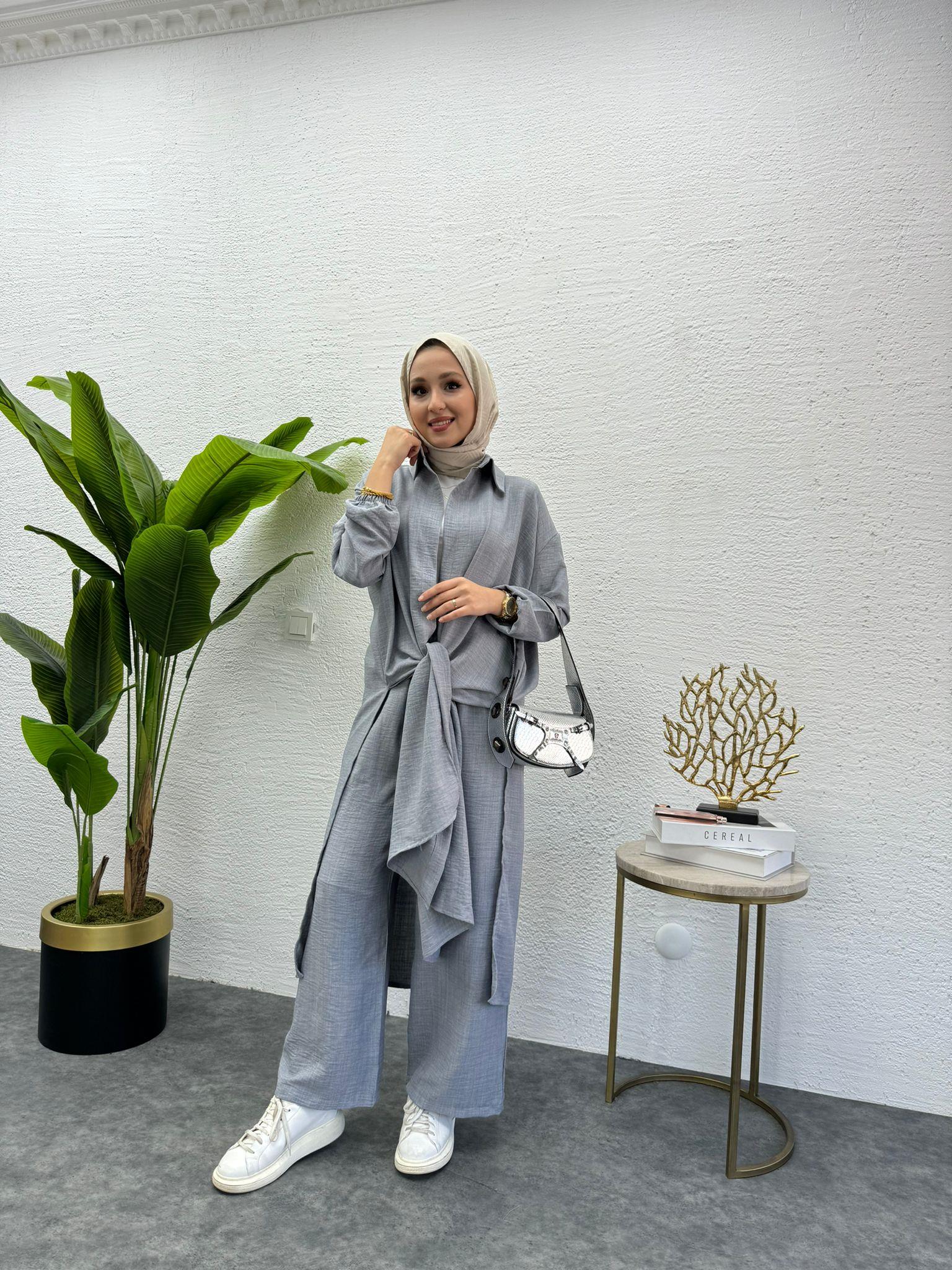 MEYSADESIGN PANTOLON TAKIM Lina Keten İkili Takım Gri