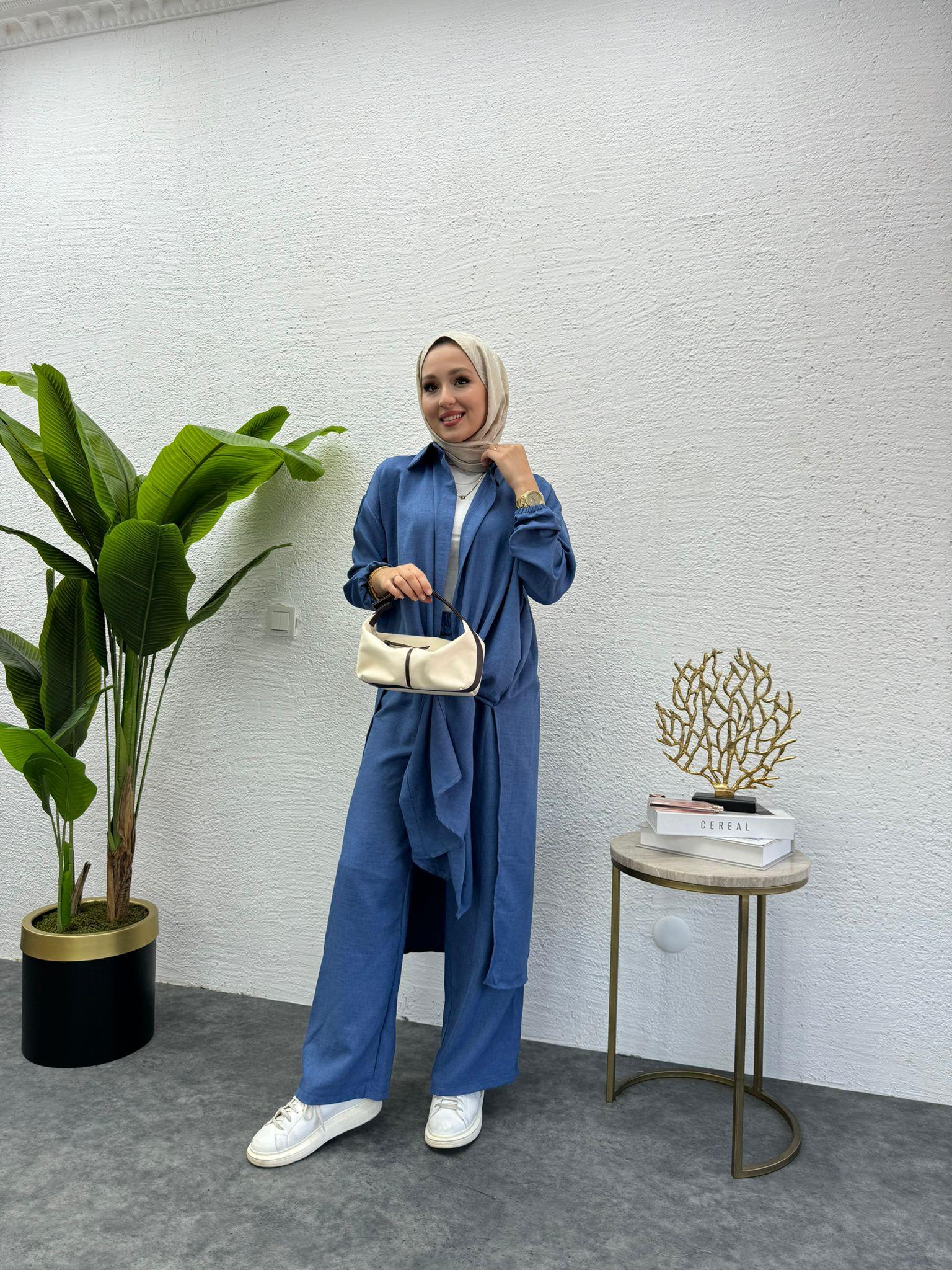 MEYSADESIGN PANTOLON TAKIM Lina Keten İkili Takım Koyu Mavi