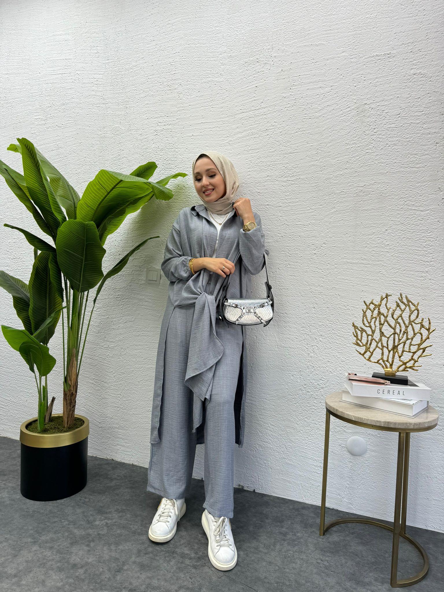 MEYSADESIGN PANTOLON TAKIM Lina Keten İkili Takım Gri