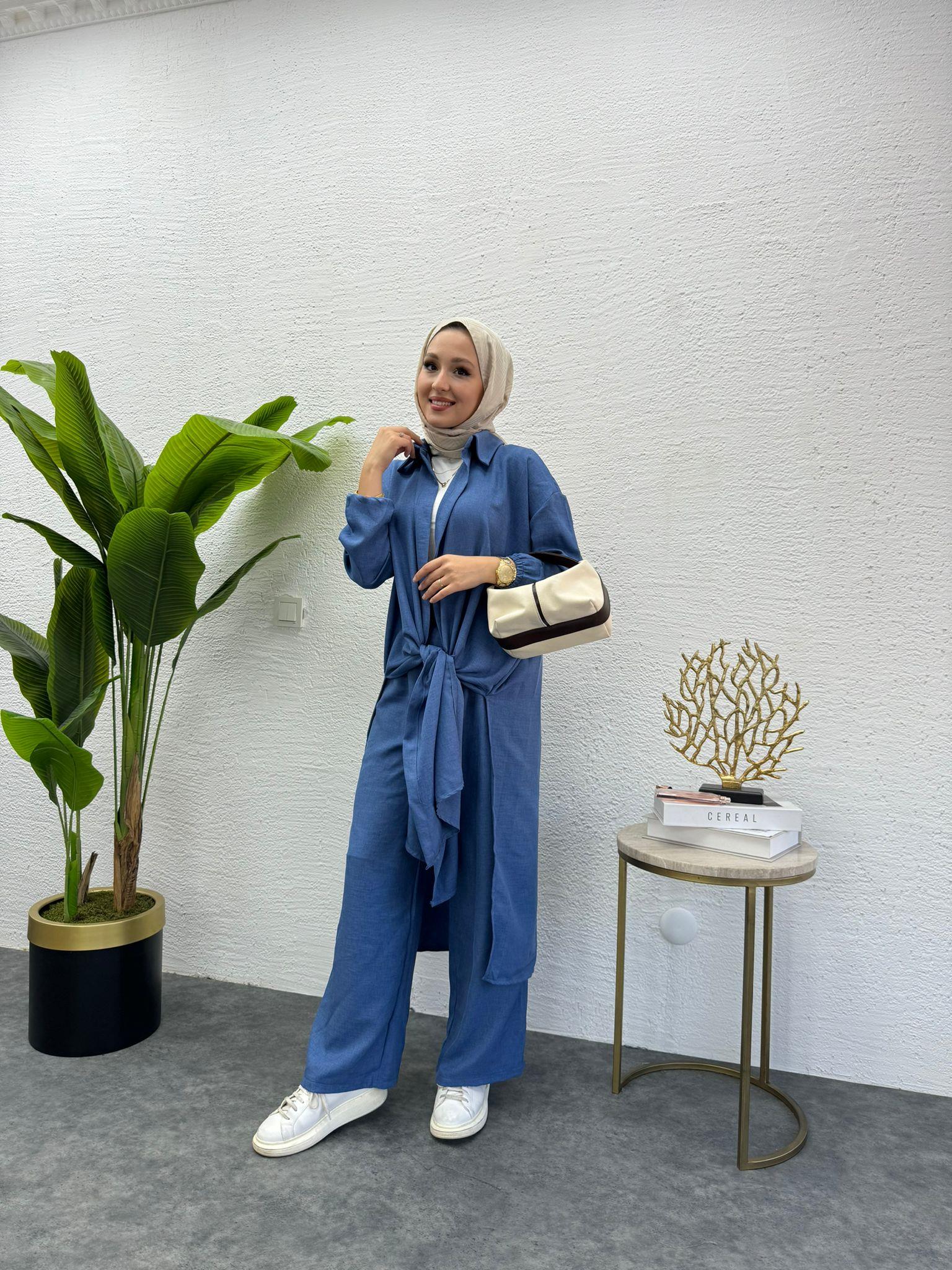 MEYSADESIGN PANTOLON TAKIM Lina Keten İkili Takım Koyu Mavi