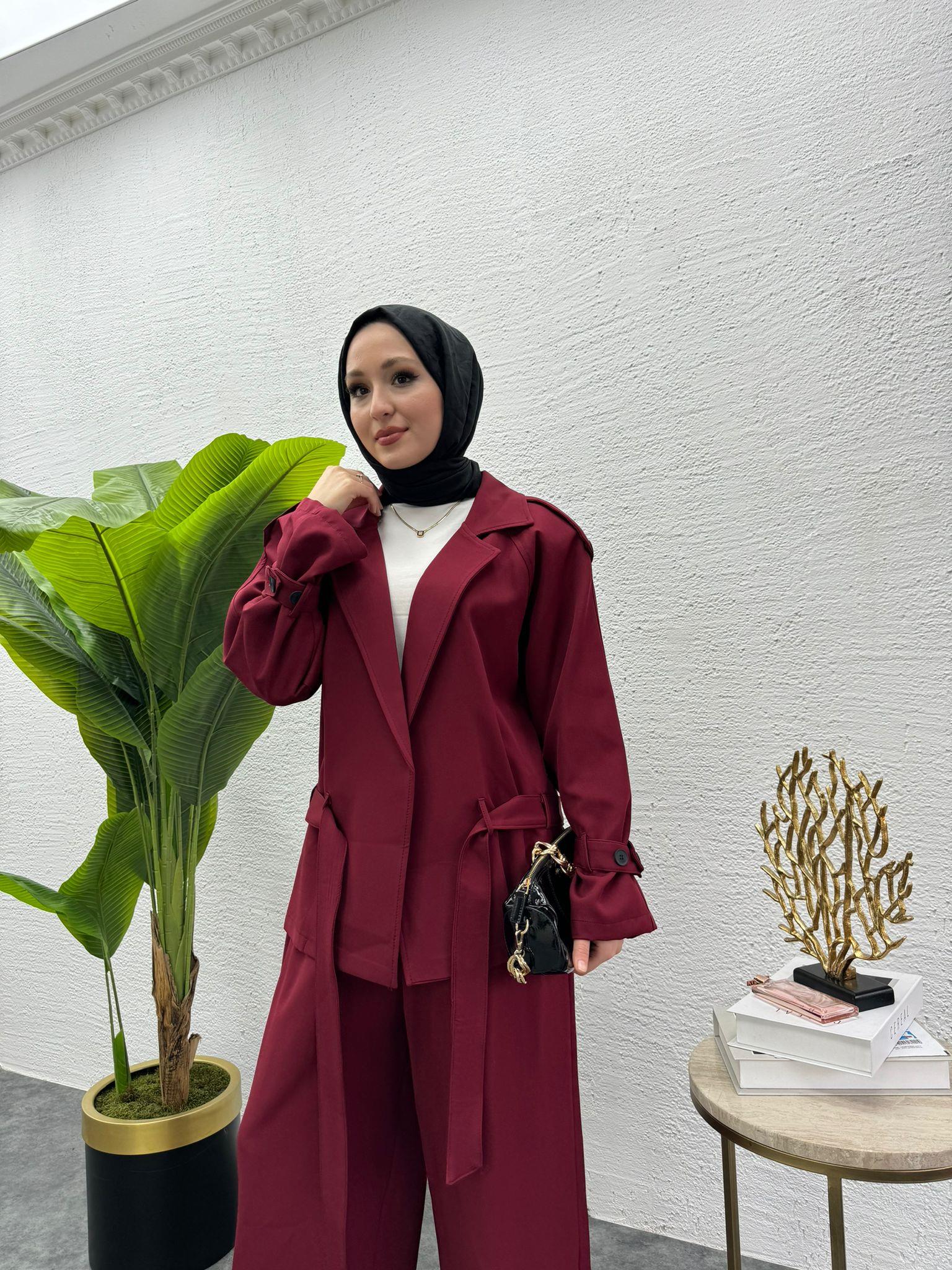 MEYSADESIGN PANTOLON TAKIM Liza Trenç İkili Takım Bordo