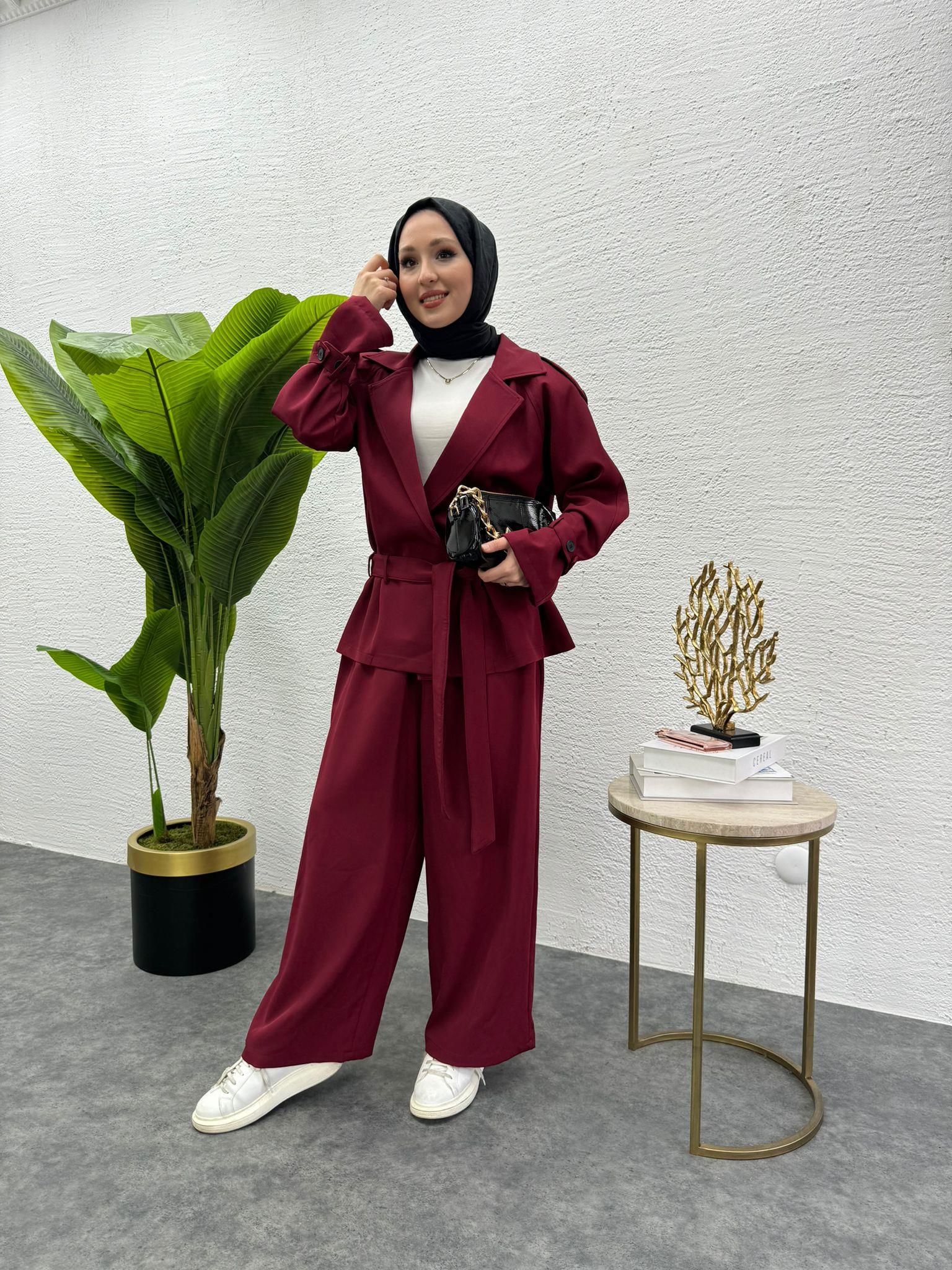 MEYSADESIGN PANTOLON TAKIM Liza Trenç İkili Takım Bordo