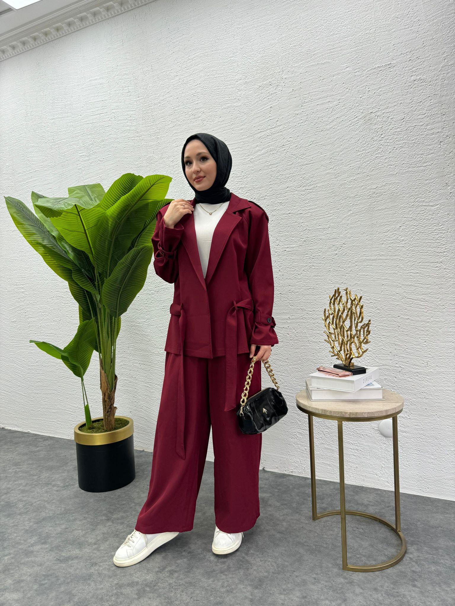 MEYSADESIGN PANTOLON TAKIM Liza Trenç İkili Takım Bordo