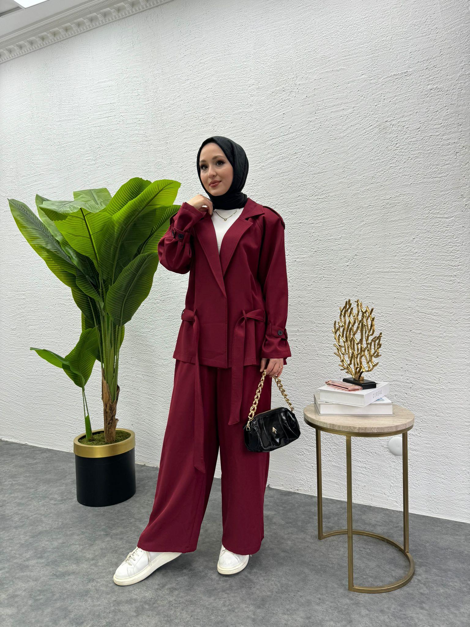 MEYSADESIGN PANTOLON TAKIM Liza Trenç İkili Takım Bordo