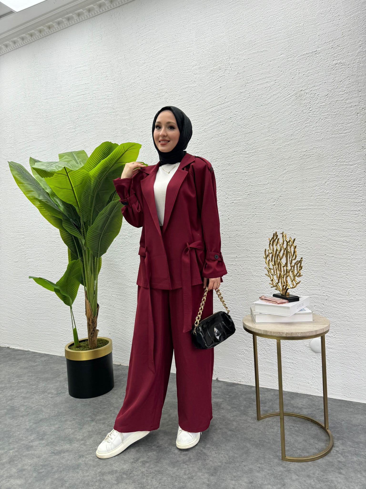 MEYSADESIGN PANTOLON TAKIM Liza Trenç İkili Takım Bordo