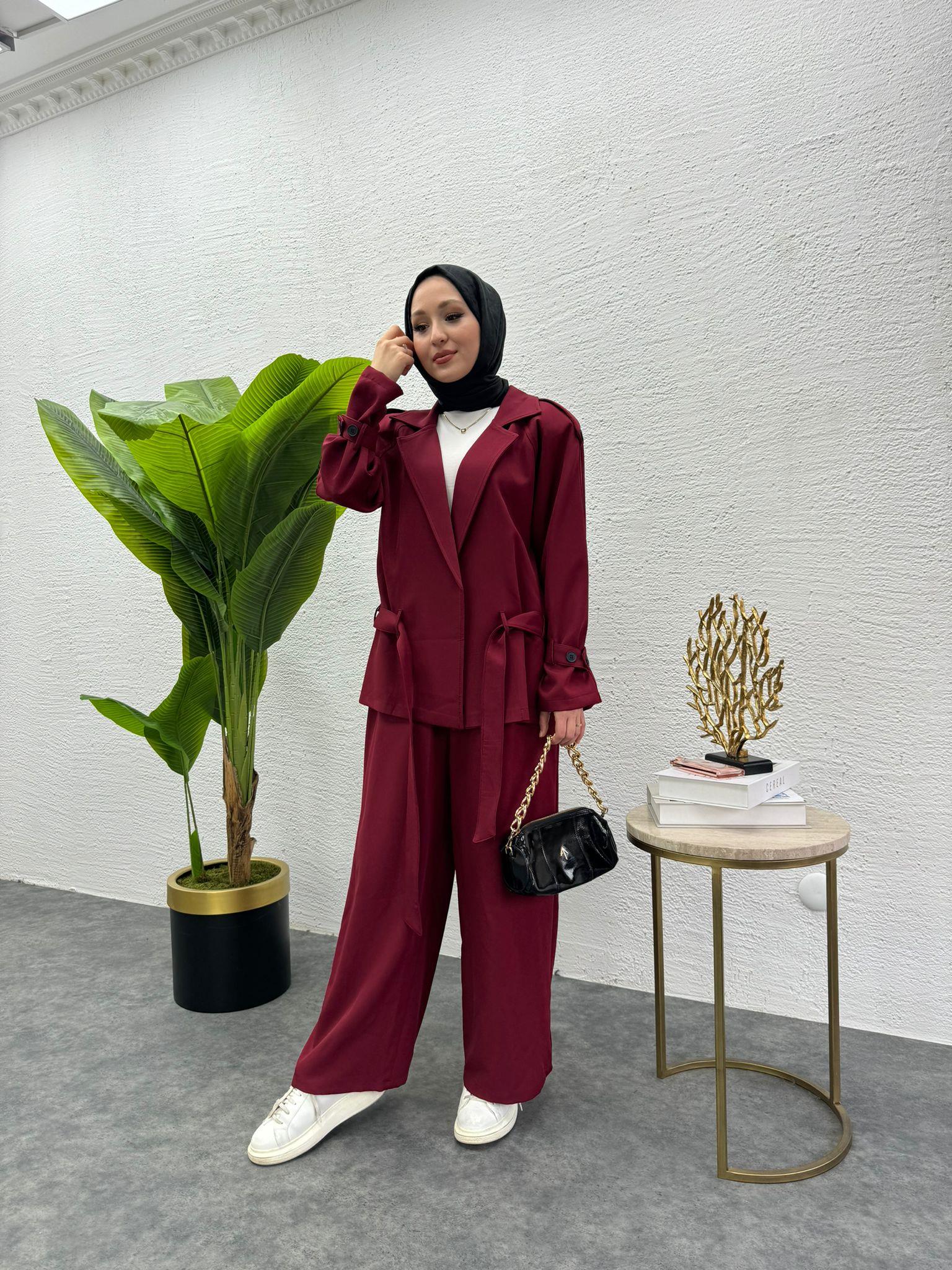 MEYSADESIGN PANTOLON TAKIM Liza Trenç İkili Takım Bordo