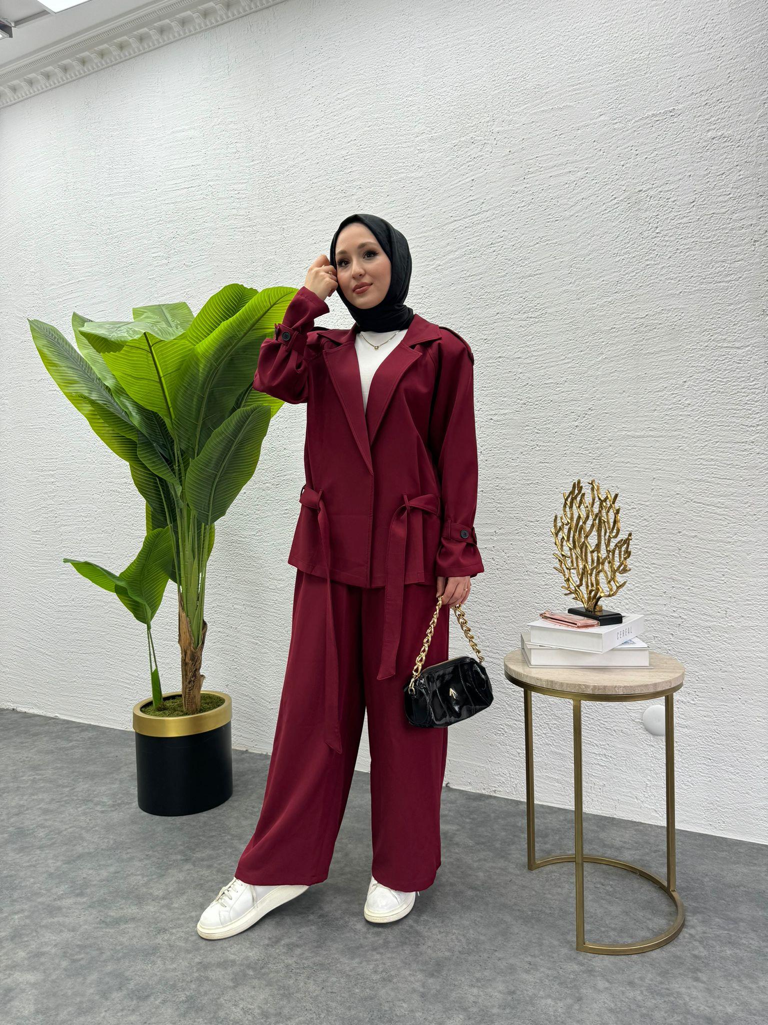 MEYSADESIGN PANTOLON TAKIM Liza Trenç İkili Takım Bordo