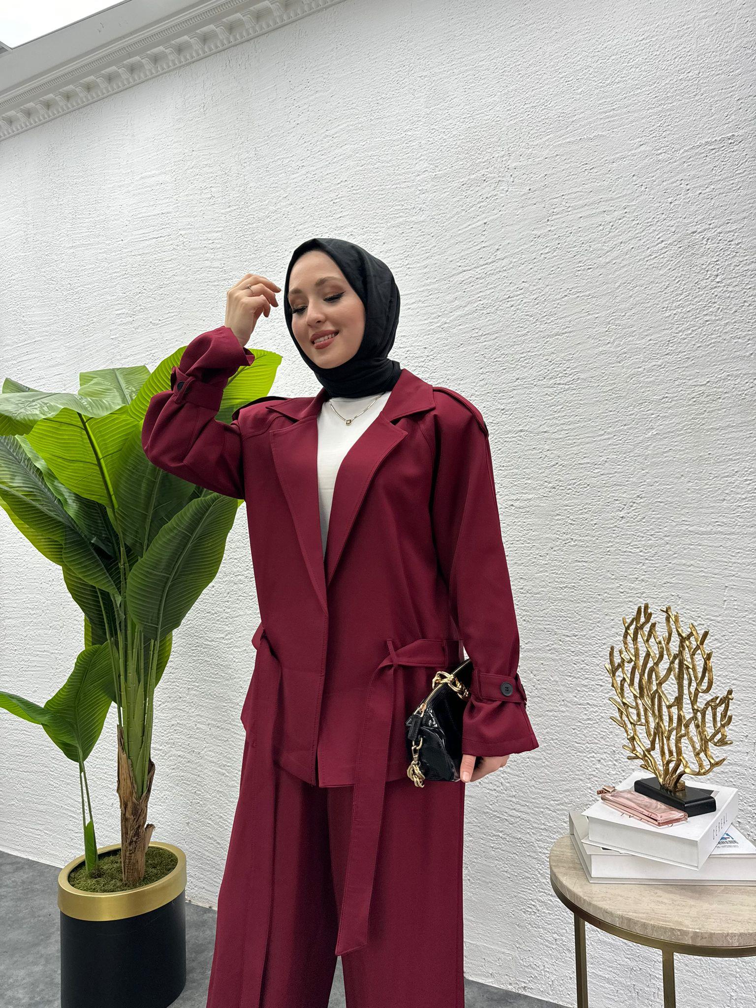 MEYSADESIGN PANTOLON TAKIM Liza Trenç İkili Takım Bordo