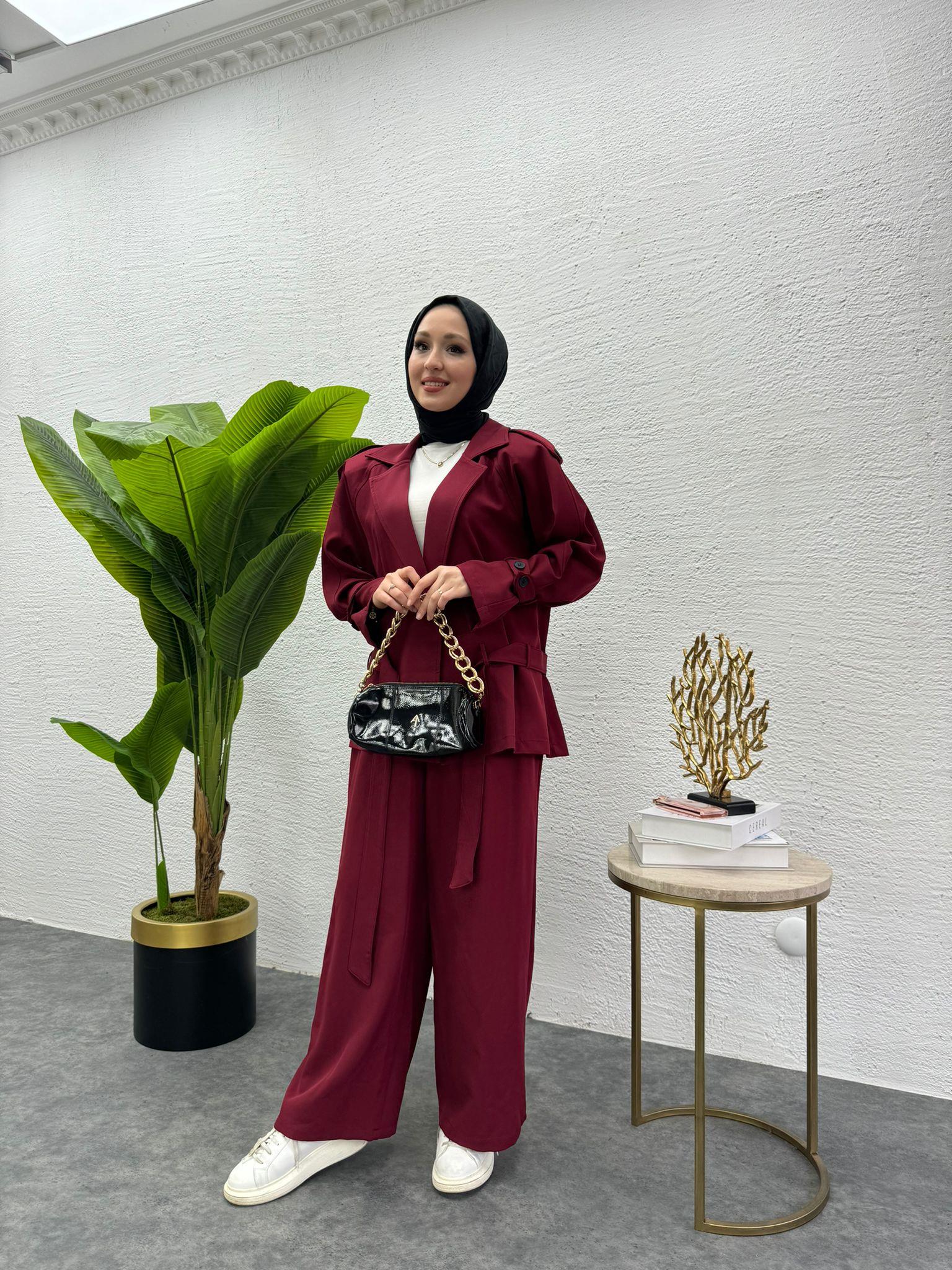 MEYSADESIGN PANTOLON TAKIM Liza Trenç İkili Takım Bordo