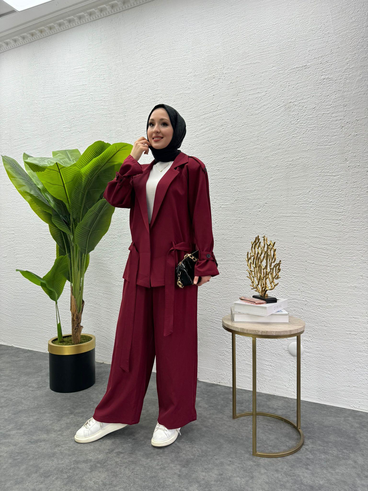 MEYSADESIGN PANTOLON TAKIM Liza Trenç İkili Takım Bordo