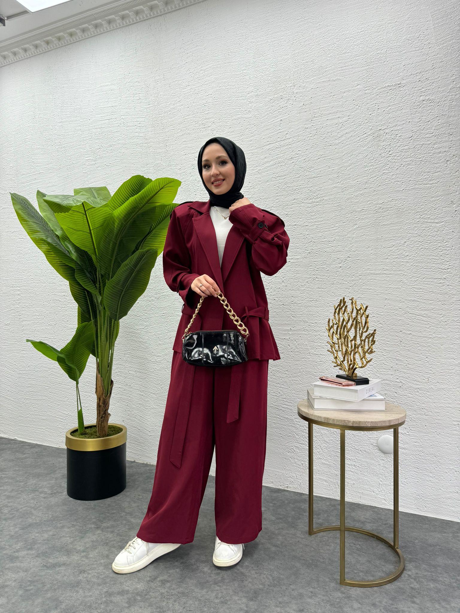 MEYSADESIGN PANTOLON TAKIM Liza Trenç İkili Takım Bordo