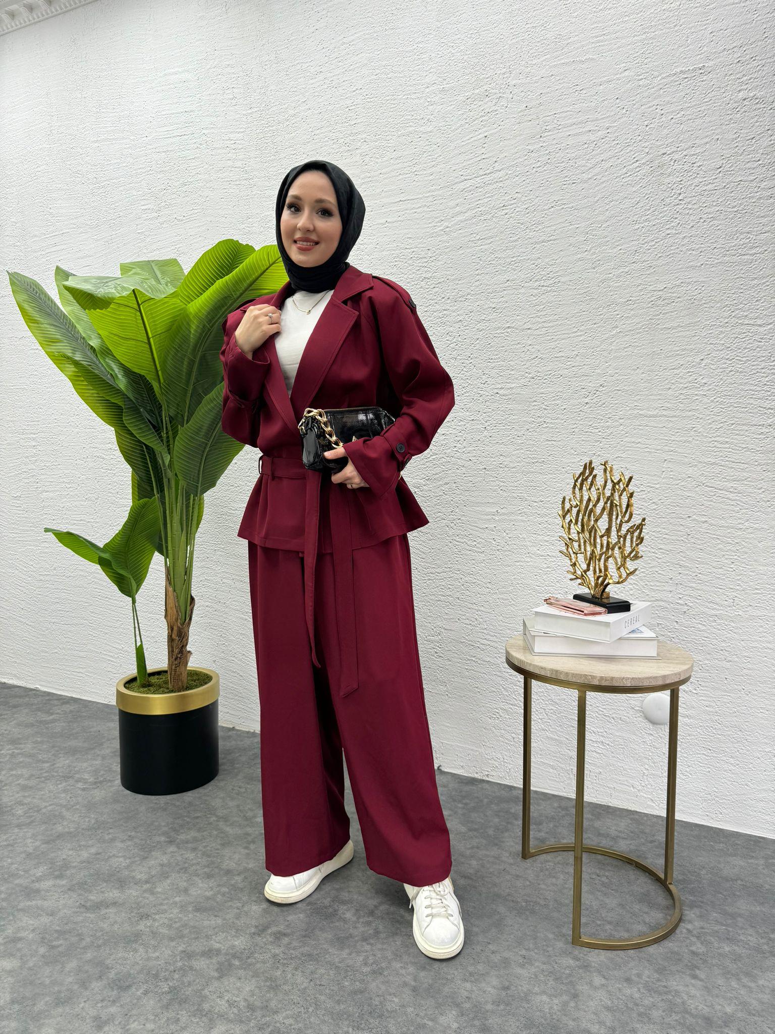 MEYSADESIGN PANTOLON TAKIM Liza Trenç İkili Takım Bordo