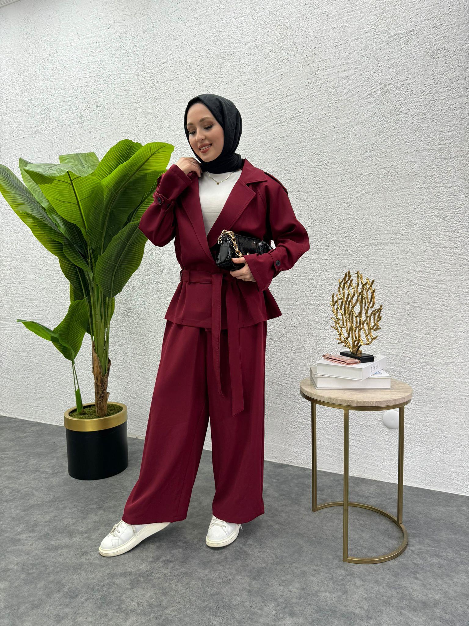 MEYSADESIGN PANTOLON TAKIM Liza Trenç İkili Takım Bordo