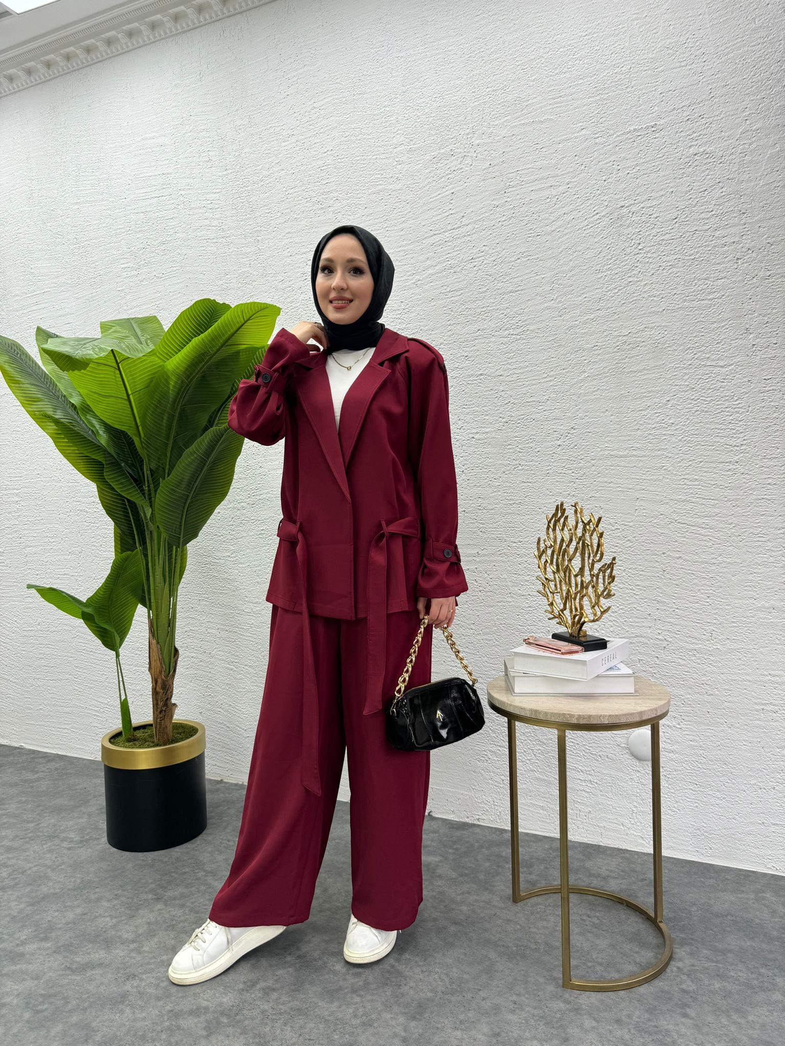 MEYSADESIGN PANTOLON TAKIM Liza Trenç İkili Takım Bordo