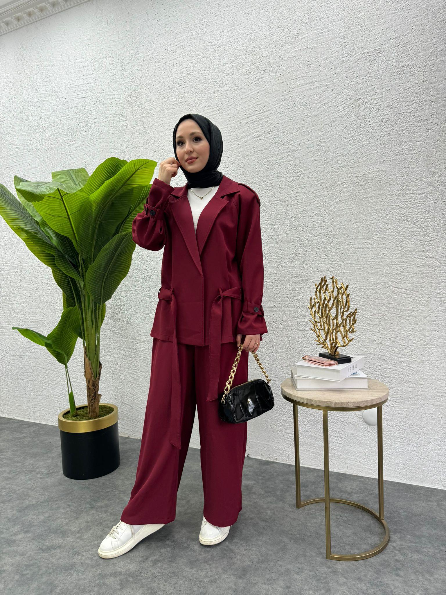 MEYSADESIGN PANTOLON TAKIM Liza Trenç İkili Takım Bordo