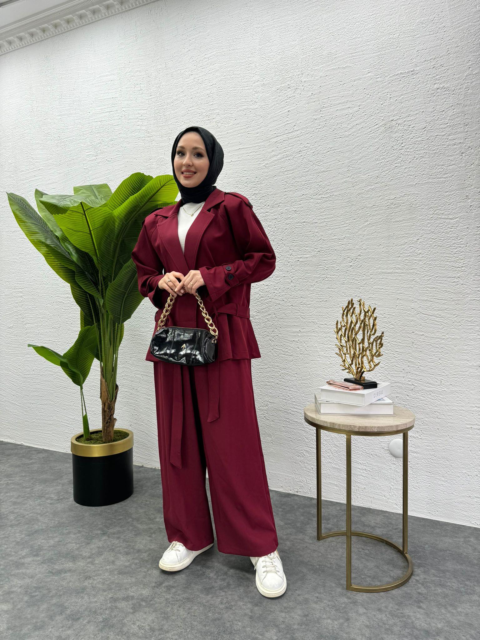 MEYSADESIGN PANTOLON TAKIM Liza Trenç İkili Takım Bordo