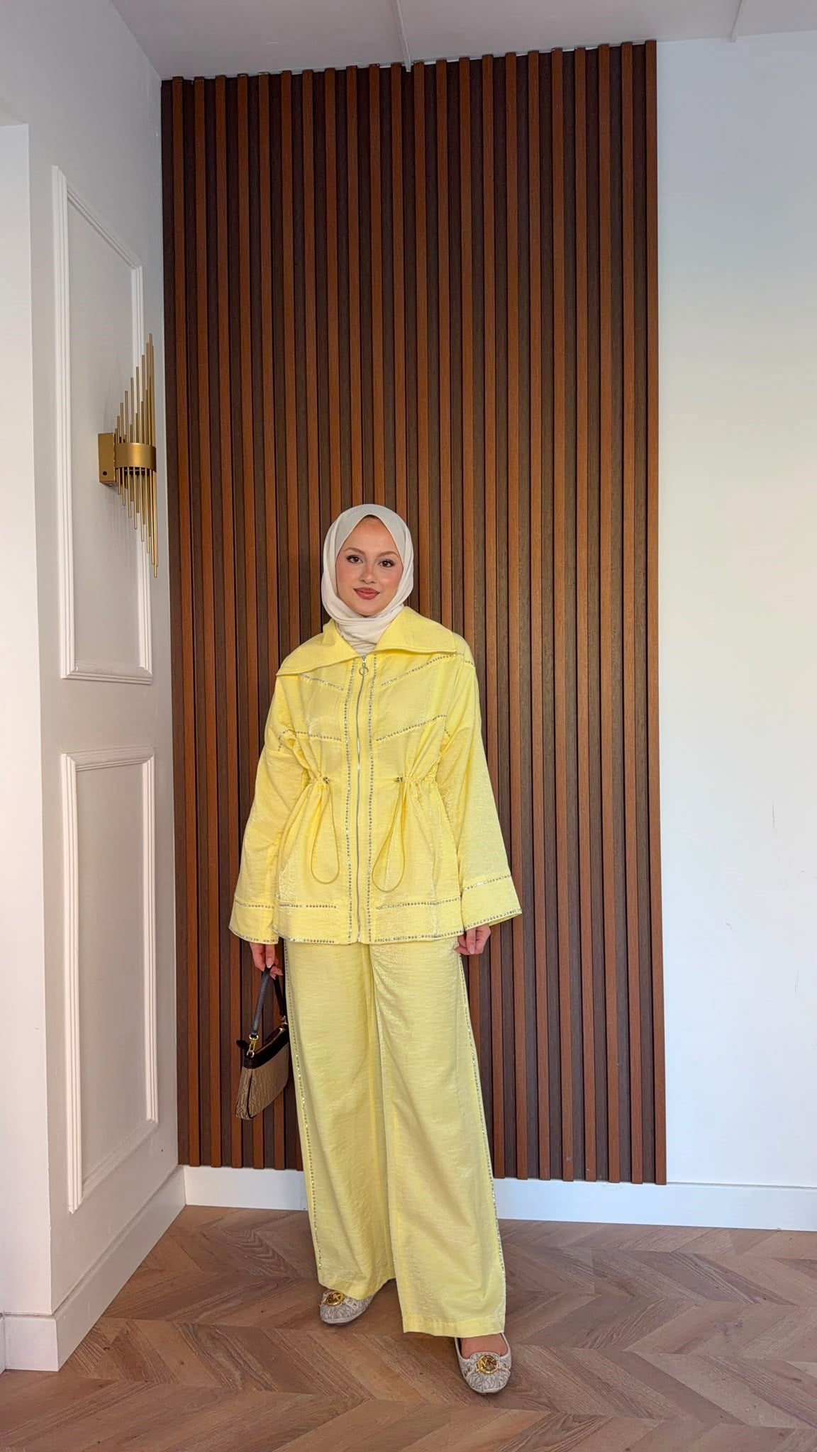 MEYSADESIGN PANTOLON TAKIM Moe Taşlı Jakarlı Takım Sarı