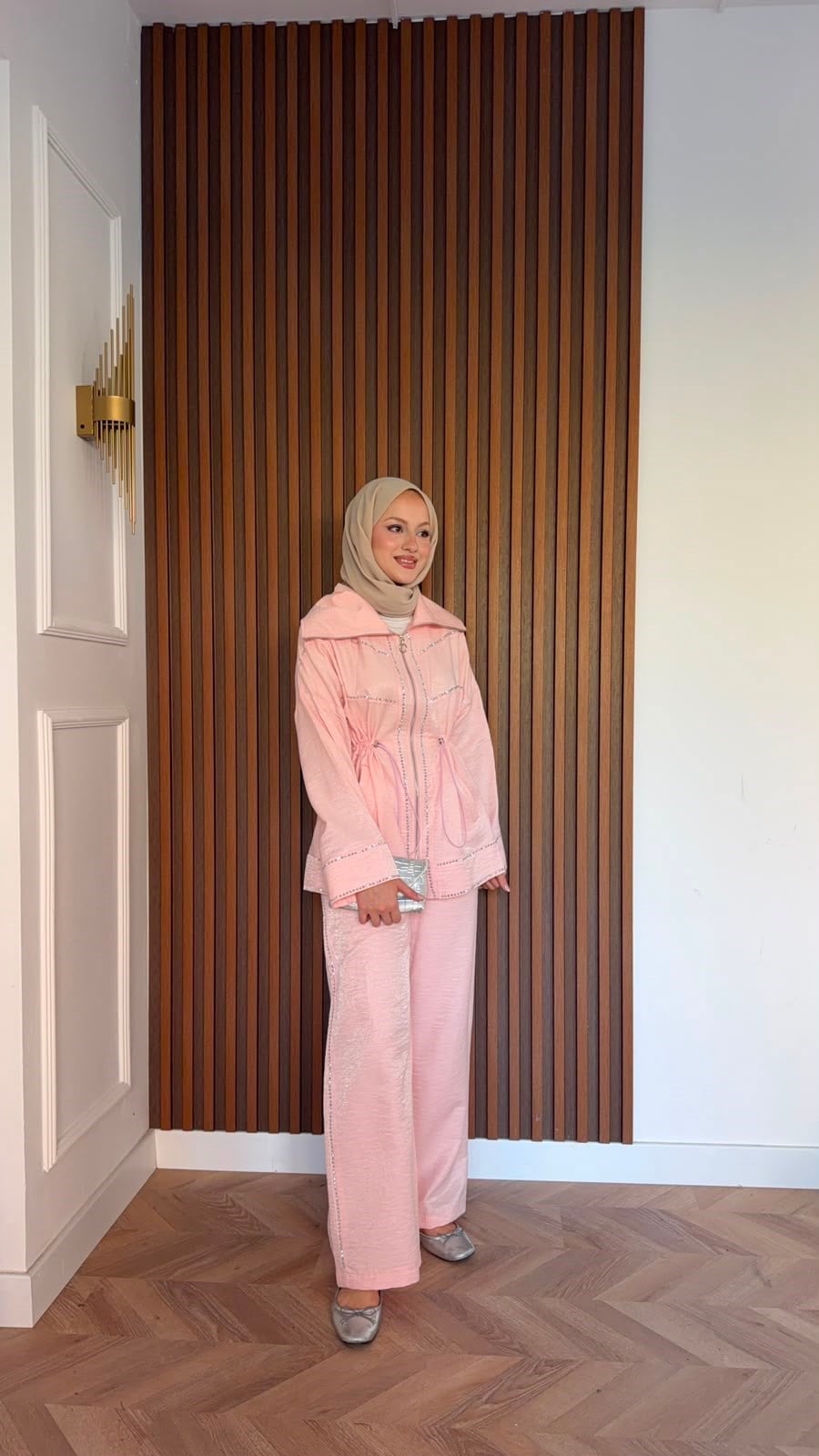 MEYSADESIGN PANTOLON TAKIM Moe Taşlı Jakarlı Takım Pudra