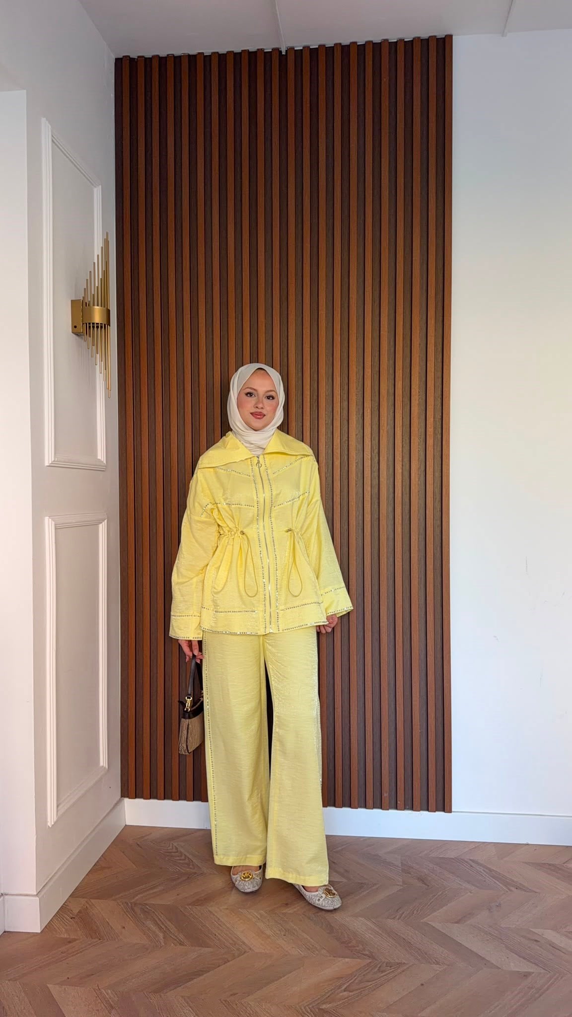 MEYSADESIGN PANTOLON TAKIM Moe Taşlı Jakarlı Takım Sarı