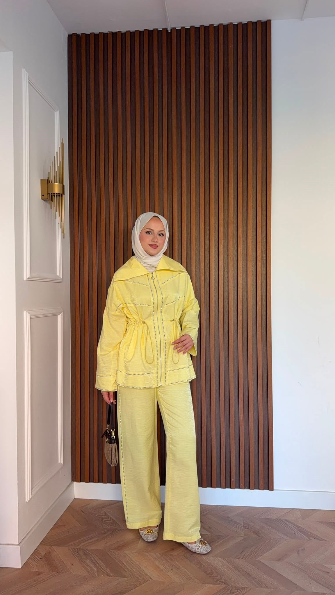 MEYSADESIGN PANTOLON TAKIM Moe Taşlı Jakarlı Takım Sarı