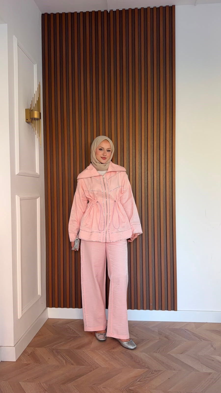 MEYSADESIGN PANTOLON TAKIM Moe Taşlı Jakarlı Takım Pudra