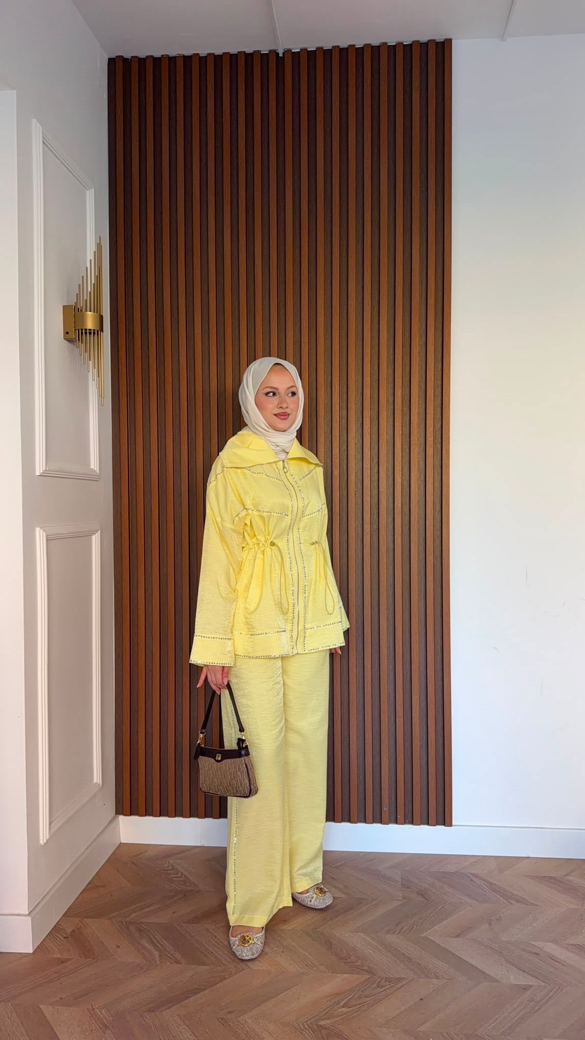MEYSADESIGN PANTOLON TAKIM Moe Taşlı Jakarlı Takım Sarı