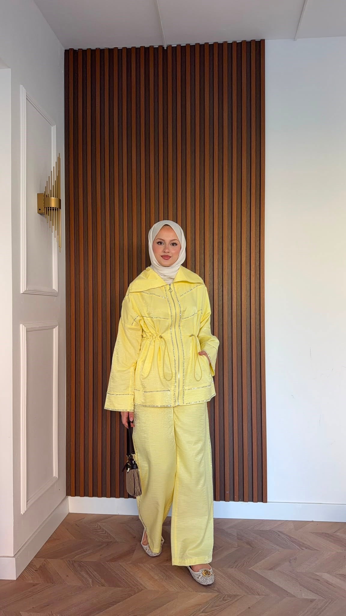 MEYSADESIGN PANTOLON TAKIM Moe Taşlı Jakarlı Takım Sarı