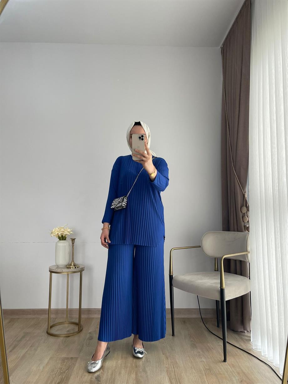 MEYSADESIGN PANTOLON TAKIM Piliseli Pantolonlu Tesettür Takım Saks Mavisi