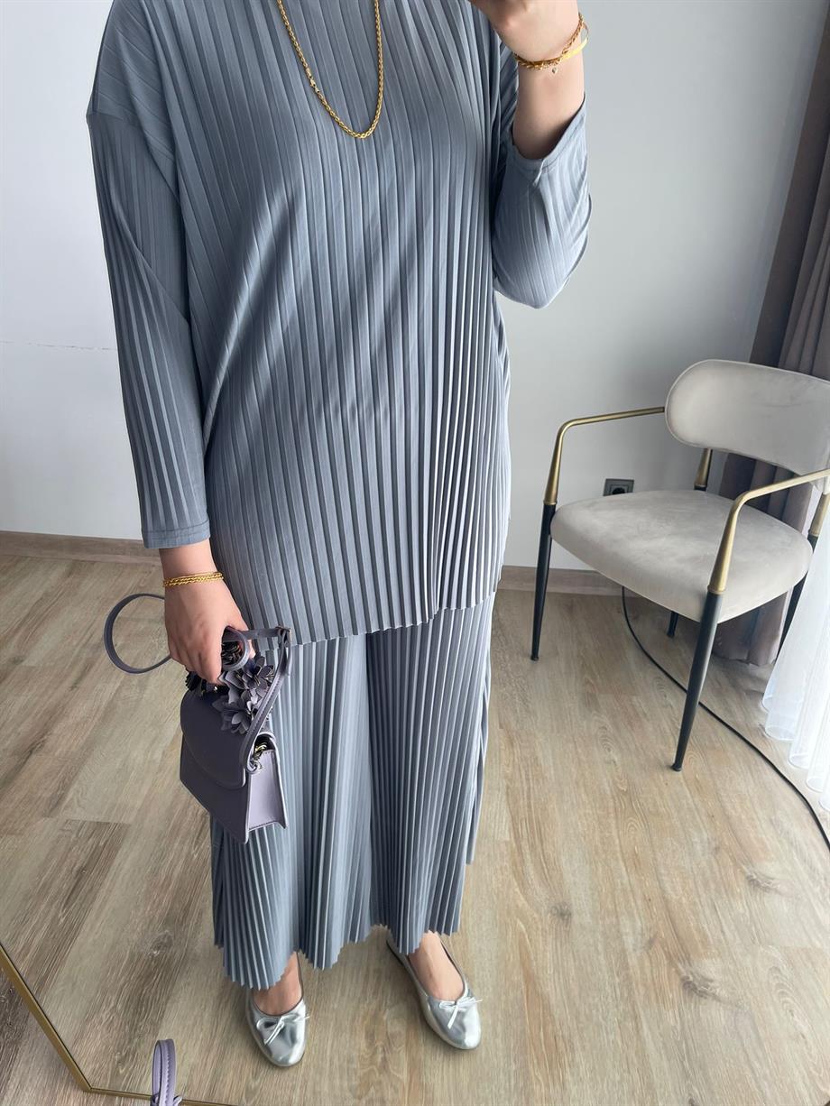 MEYSADESIGN PANTOLON TAKIM Piliseli Pantolonlu Tesettür Takım Gri