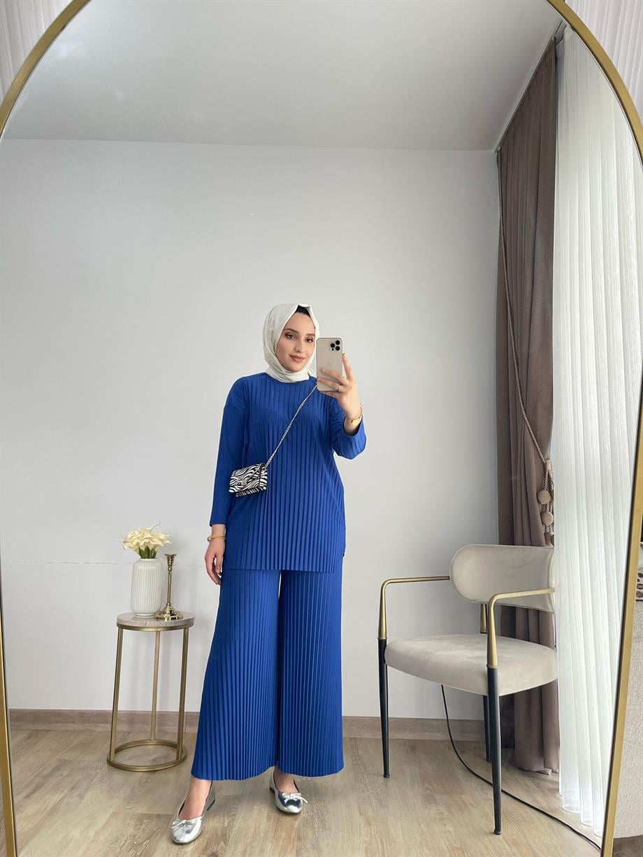MEYSADESIGN PANTOLON TAKIM Piliseli Pantolonlu Tesettür Takım Saks Mavisi