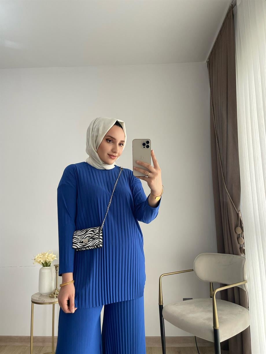 MEYSADESIGN PANTOLON TAKIM Piliseli Pantolonlu Tesettür Takım Saks Mavisi