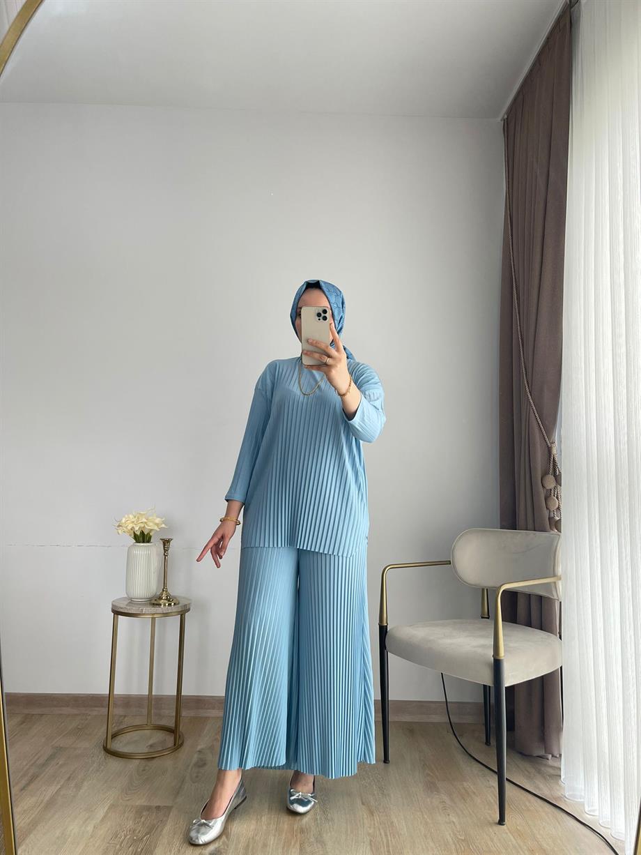 MEYSADESIGN PANTOLON TAKIM Piliseli Pantolonlu Tesettür Takım Bebe Mavisi