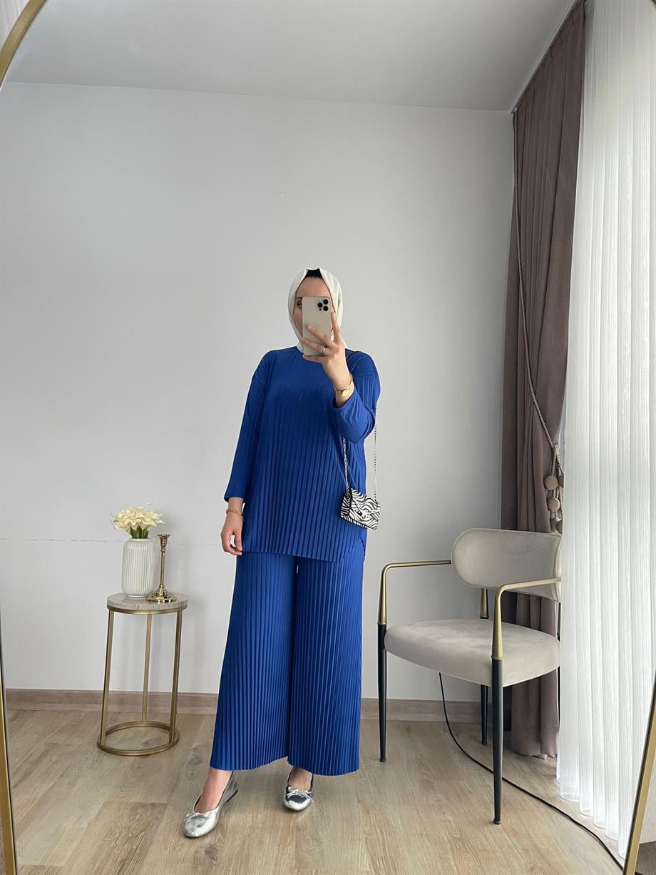 MEYSADESIGN PANTOLON TAKIM Piliseli Pantolonlu Tesettür Takım Saks Mavisi