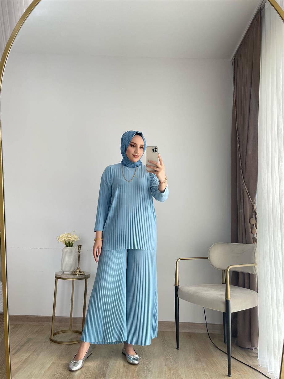 MEYSADESIGN PANTOLON TAKIM Piliseli Pantolonlu Tesettür Takım Bebe Mavisi