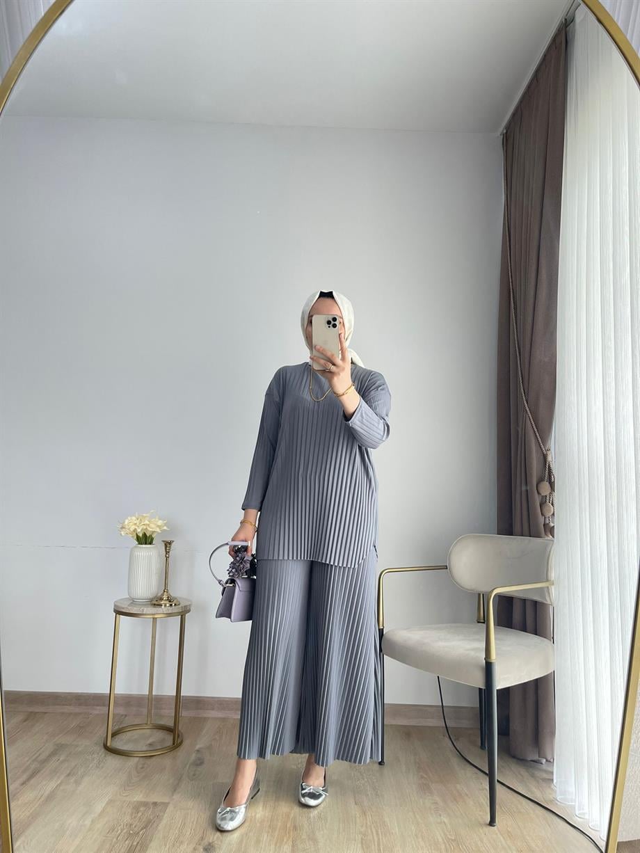 MEYSADESIGN PANTOLON TAKIM Piliseli Pantolonlu Tesettür Takım Gri