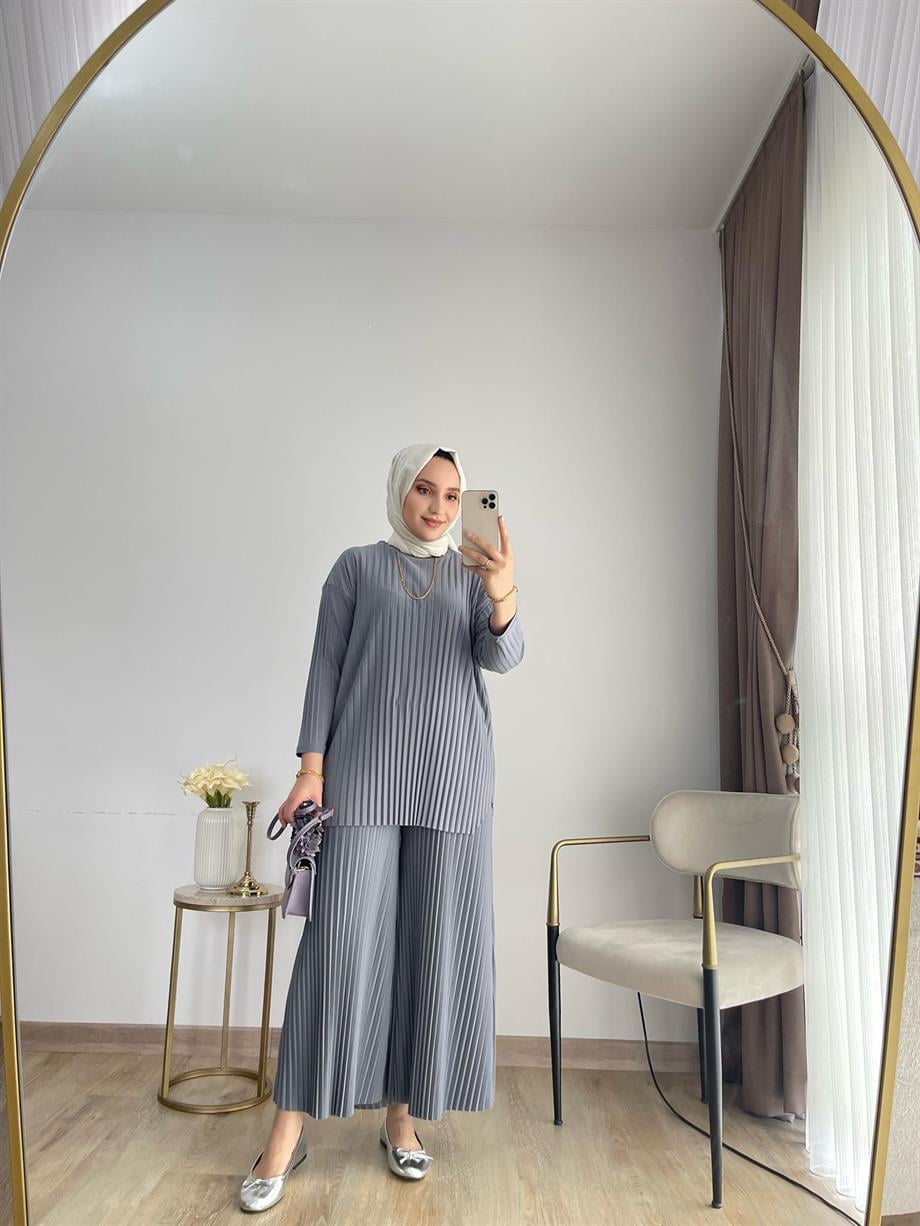MEYSADESIGN PANTOLON TAKIM Piliseli Pantolonlu Tesettür Takım Gri