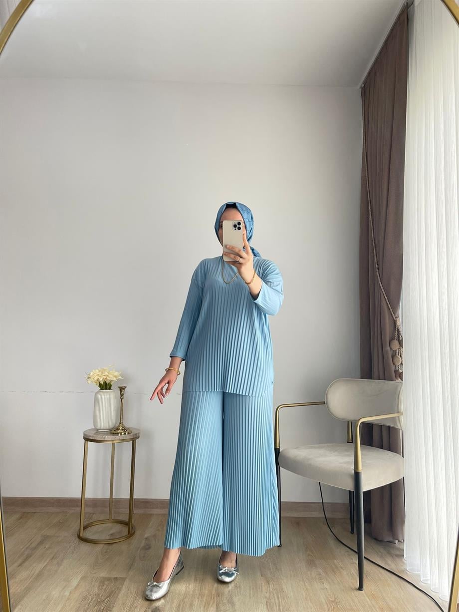 MEYSADESIGN PANTOLON TAKIM Piliseli Pantolonlu Tesettür Takım Bebe Mavisi