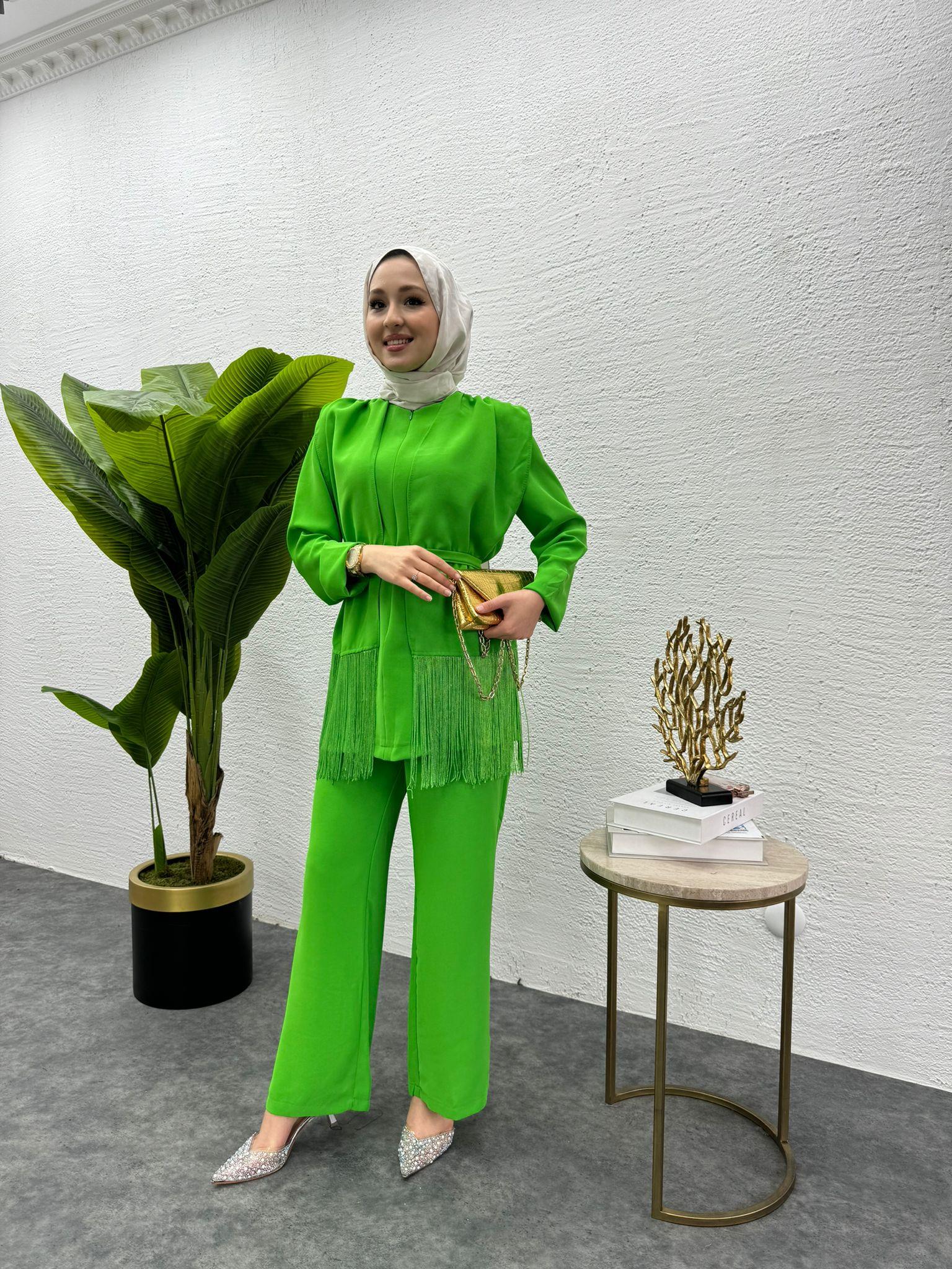 MEYSADESIGN PANTOLON TAKIM Püsküllü Krep İkili Takım Benetton Yeşili