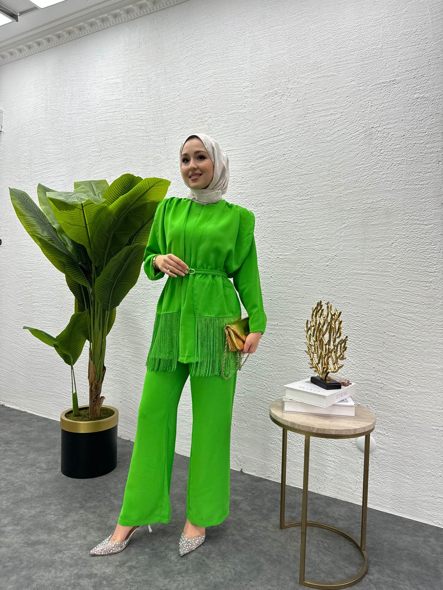 MEYSADESIGN PANTOLON TAKIM Püsküllü Krep İkili Takım Benetton Yeşili