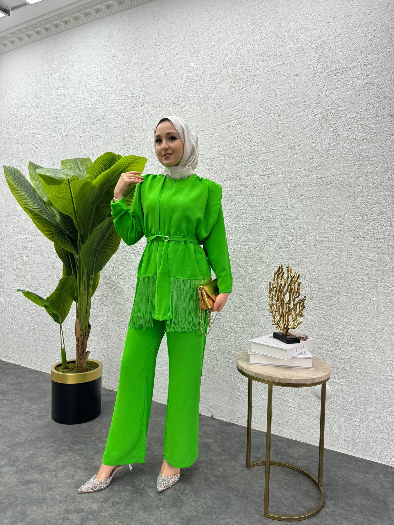MEYSADESIGN PANTOLON TAKIM Püsküllü Krep İkili Takım Benetton Yeşili