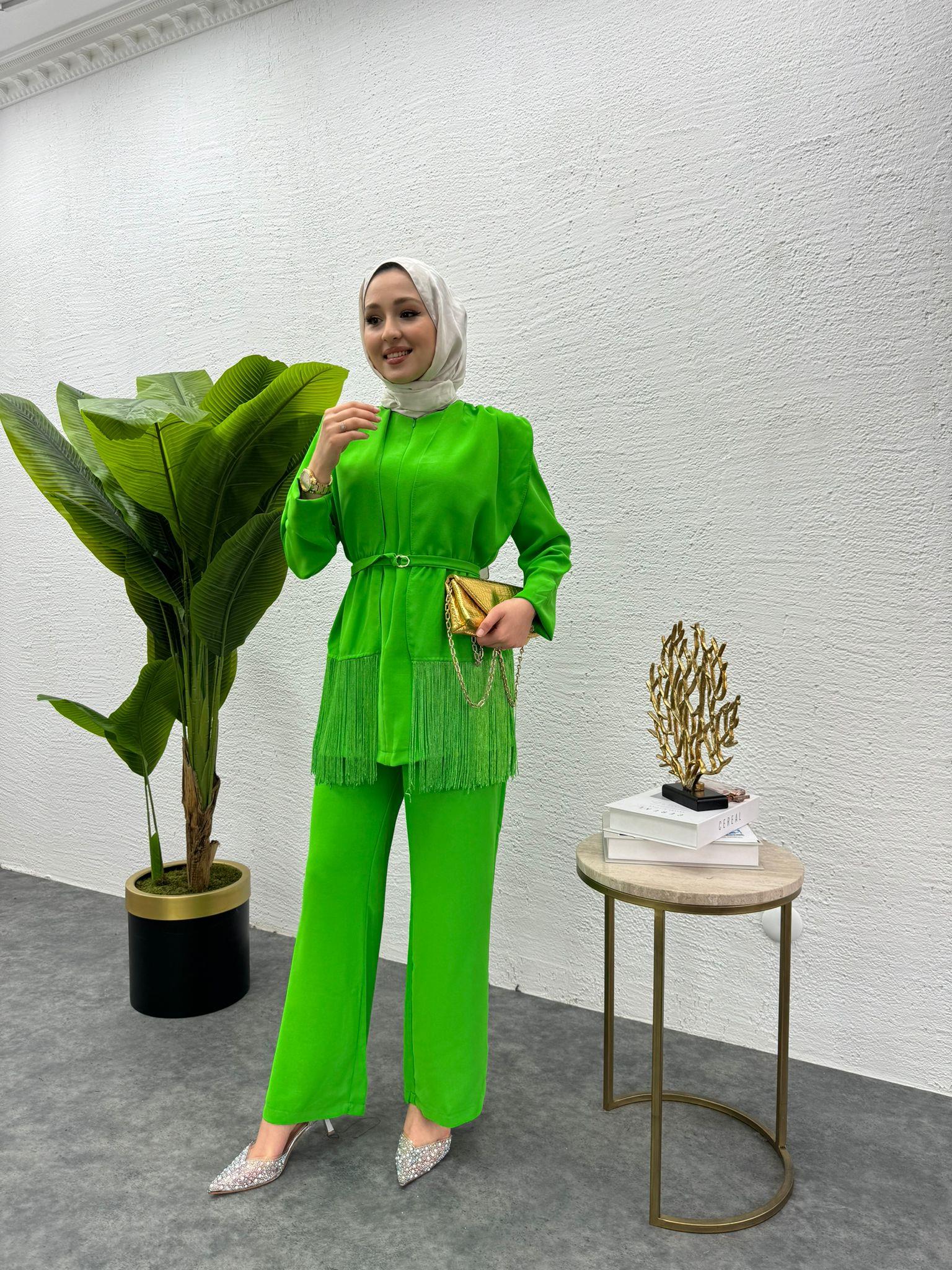MEYSADESIGN PANTOLON TAKIM Püsküllü Krep İkili Takım Benetton Yeşili