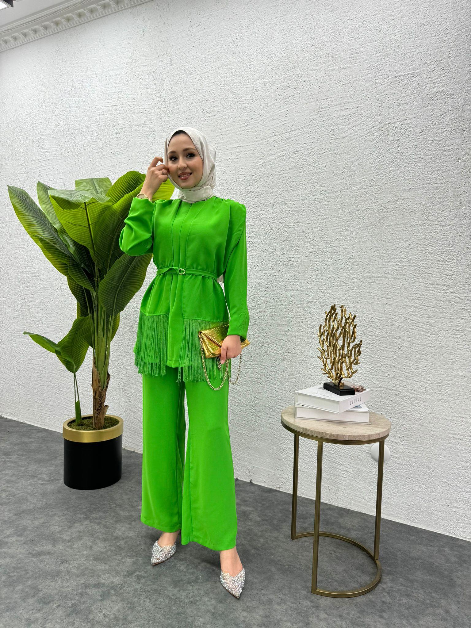 MEYSADESIGN PANTOLON TAKIM Püsküllü Krep İkili Takım Benetton Yeşili