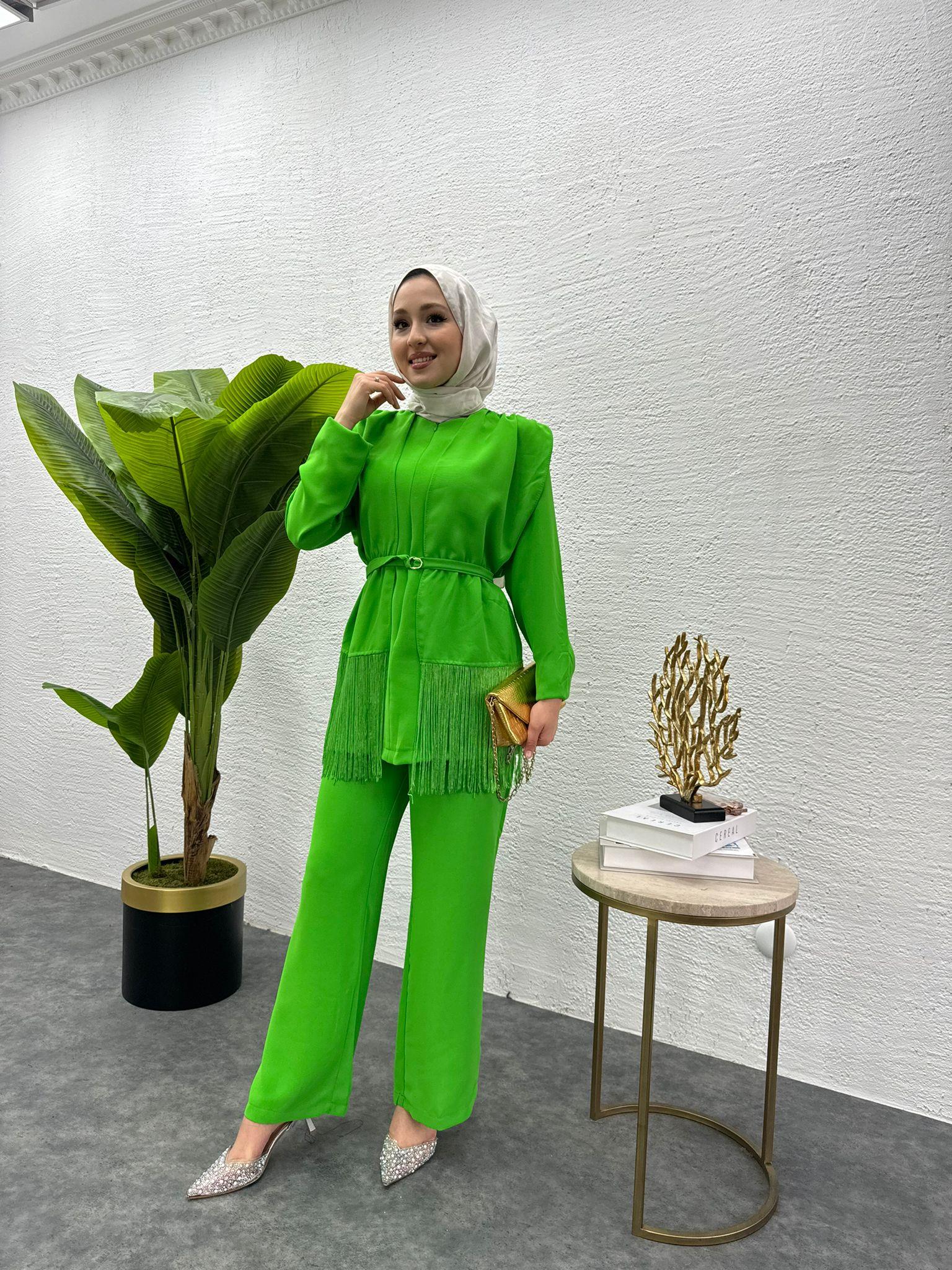 MEYSADESIGN PANTOLON TAKIM Püsküllü Krep İkili Takım Benetton Yeşili