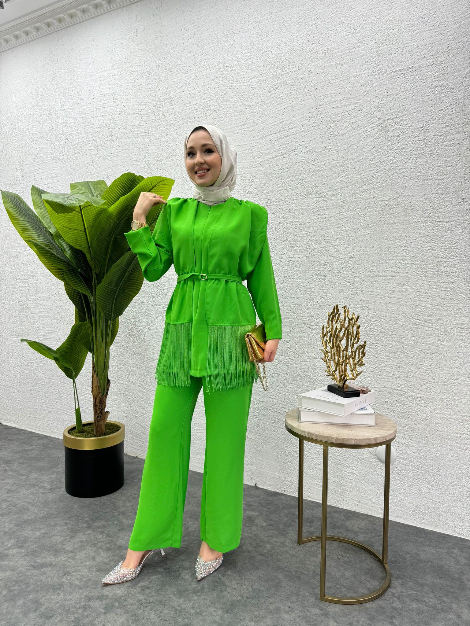 MEYSADESIGN PANTOLON TAKIM Püsküllü Krep İkili Takım Benetton Yeşili
