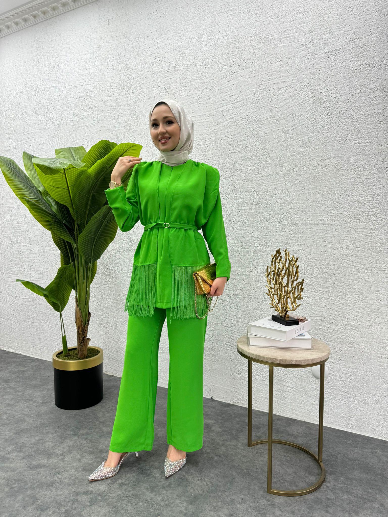 MEYSADESIGN PANTOLON TAKIM Püsküllü Krep İkili Takım Benetton Yeşili
