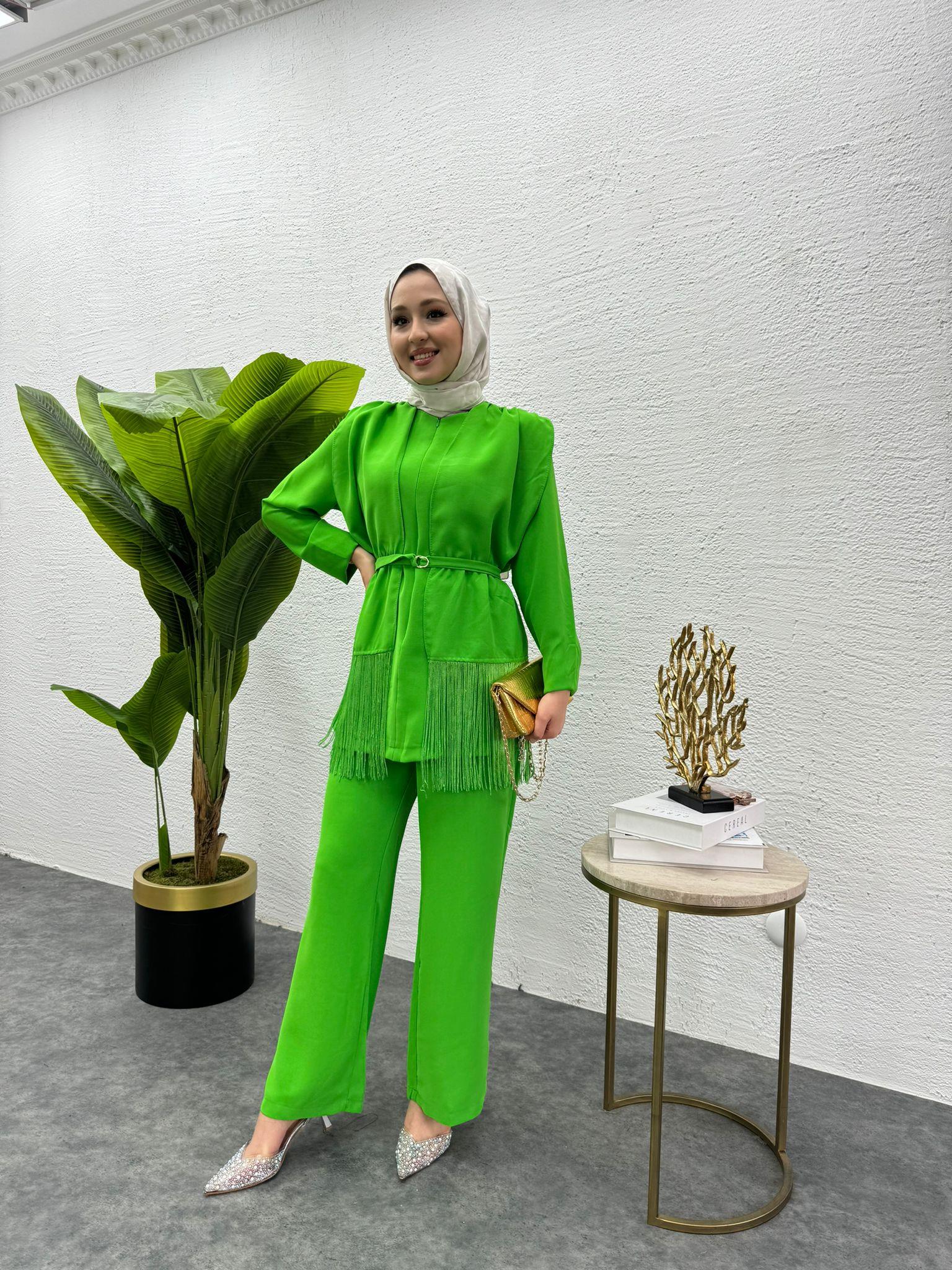 MEYSADESIGN PANTOLON TAKIM Püsküllü Krep İkili Takım Benetton Yeşili