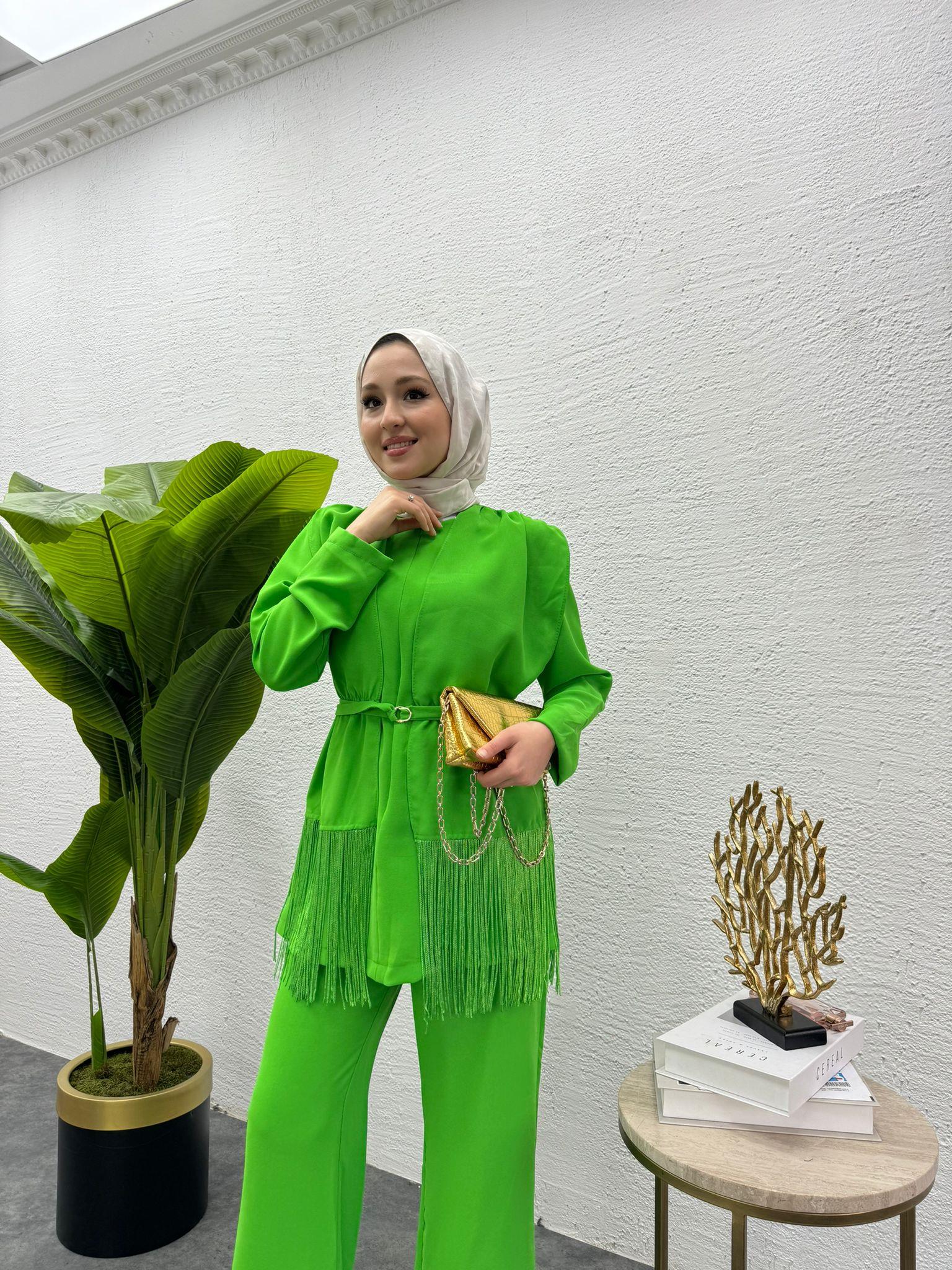 MEYSADESIGN PANTOLON TAKIM Püsküllü Krep İkili Takım Benetton Yeşili